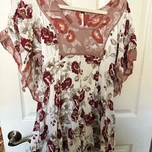 Free People Floral Blouse in Cream and Red